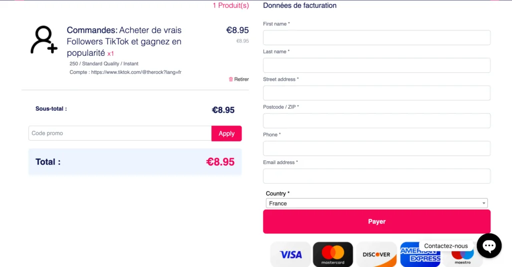 Confirmation achat abonnés Tik Tok